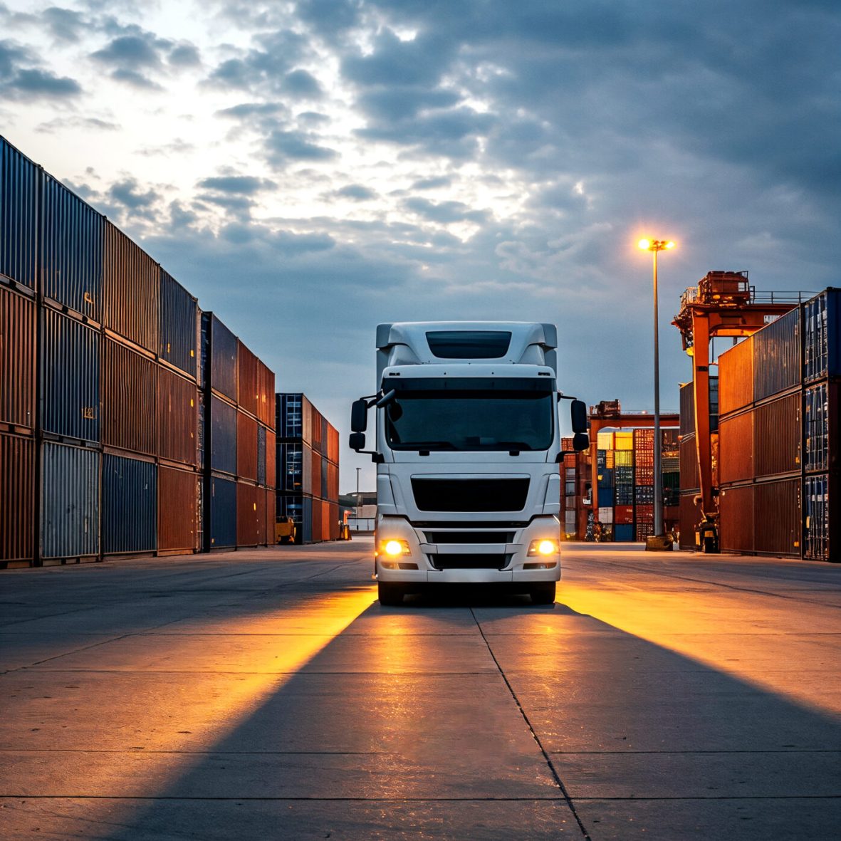 un-camion-traversant-un-port-de-fret-au-coucher-du-soleil